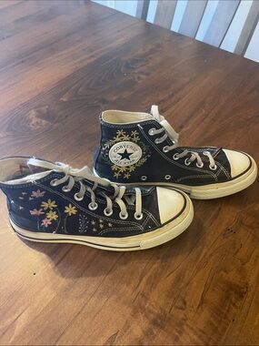 Converse Black High-Top Sneakers with Multicolor Floral Stitching